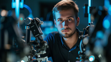 Engineer with Robotic Prototypes in High-Tech Lab
