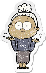 distressed sticker of a cartoon happy old woman