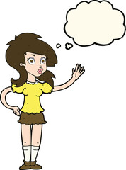 cartoon pretty woman waving for attention with thought bubble