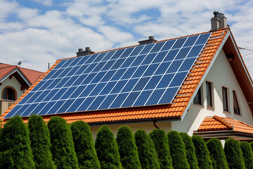 Fototapeta premium AI generated House with solar panels on the roof. Sustainable and clean energy at home.