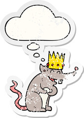 cartoon rat king laughing and thought bubble as a distressed worn sticker