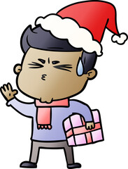 gradient cartoon of a man sweating wearing santa hat