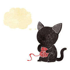 cartoon cute black cat playing with ball of yarn with thought bubble