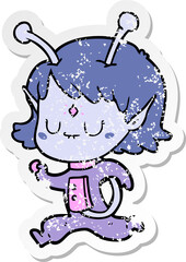 distressed sticker of a cartoon alien girl