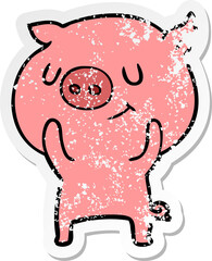 distressed sticker of a happy cartoon pig