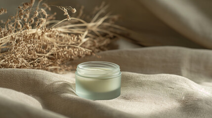 Fototapeta na wymiar Natural Serenity Organic Cream on Linen Textile with Dry Plants