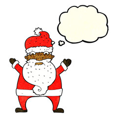 cartoon stressed out santa with thought bubble