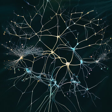 Neural network - images of neural cells. Synapse on a black background. View of interconnected neuron cells with electrical impulses. Nerve cells in bright light. Neurons