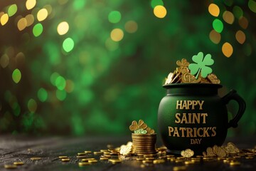 Happy Saint Patrick's Day banner with a pot of gold and a 4-leaf clover Generative AI - obrazy, fototapety, plakaty