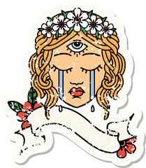 grunge sticker with banner of female face with third eye crying