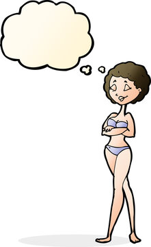 cartoon retro woman in bikini with thought bubble