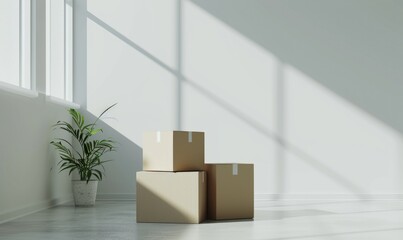 Cardboard boxes on a white table in a light room with green plants. Boxes mockup