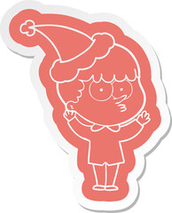 cartoon  sticker of a curious boy wearing santa hat