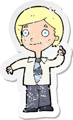 retro distressed sticker of a cartoon school boy answering question