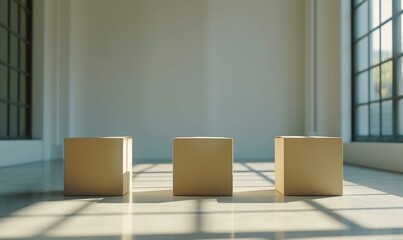Stack of cardboard boxes in white room with sunlight. Space for text. Box mockup on white