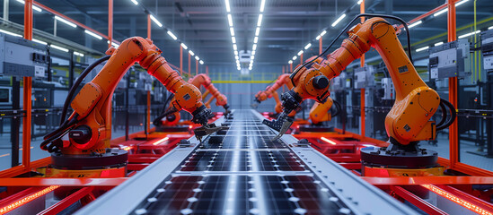 Robotic arms assemble solar panels at a high-tech factory