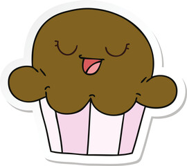 sticker of a quirky hand drawn cartoon happy muffin