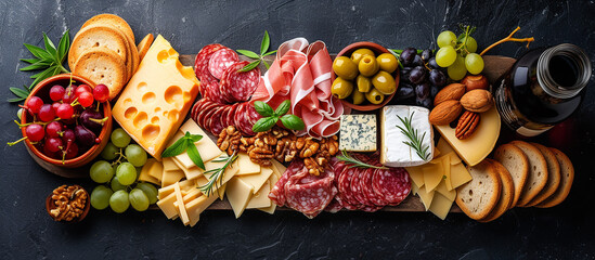 meat spread with assorted cheeses, cold cuts, grapes, crackers, nuts and other snacks.
