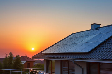 Fototapeta premium Solar panels on the roof of a modern house at dawn, wide angle. AI generated