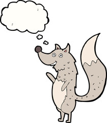 cartoon waving wolf with thought bubble
