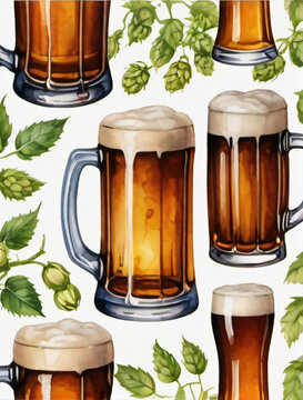 Photo Of Watercolor Collection Beer Mug And Bottle Of Beer, Hops And Malts, Hand Painted Oktoberfest Design Elements Isolated On White Background, Watercolor Beer Clip Art.