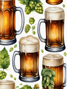 Photo Of Watercolor Collection Beer Mug And Bottle Of Beer, Hops And Malts, Hand Painted Oktoberfest Design Elements Isolated On White Background, Watercolor Beer Clip Art.
