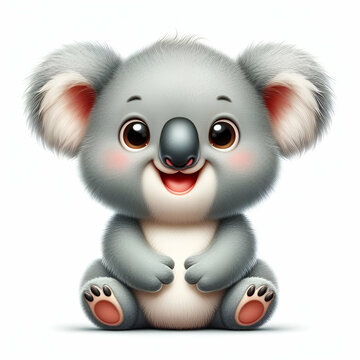 Cute Funny Happy Wide-Eyed Alert Little Cartoon Wild Australian Tropical Rainforest Koala Bear Animal Character Poses Sitting Facing Camera isolated white background. Minimalistic Nursery Wall Mural.