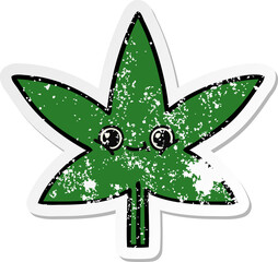 distressed sticker of a cute cartoon marijuana leaf