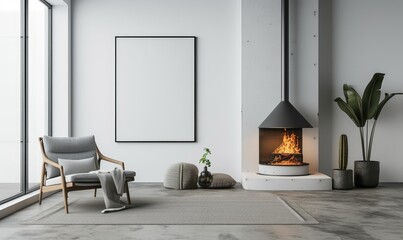 Interior of modern living room with white walls, concrete floor, comfortable sofa with cushions, coffee table and mock up poster frame