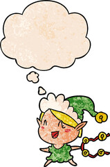 cartoon happy christmas elf and thought bubble in grunge texture pattern style