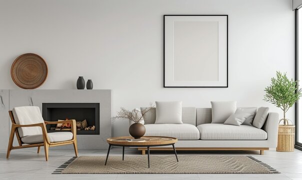 Interior of modern living room with white walls, concrete floor, comfortable sofa with cushions, coffee table and mock up poster frame