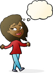 stress free woman cartoon with thought bubble