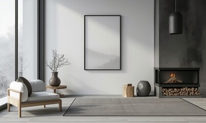 blank picture frame mockup in a room with plants and wooden floor