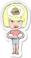 retro distressed sticker of a cartoon woman thinking about junk food