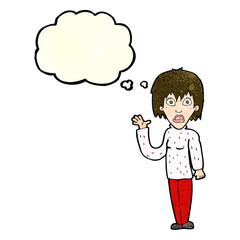 cartoon shocked woman waving hand with thought bubble