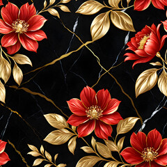 marble design, gold, red, black, consistent, bright floral style. generative ai