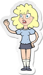 sticker of a cartoon worried woman waving