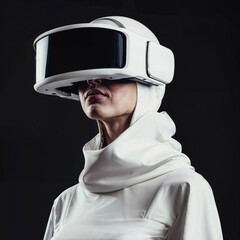 Woman wearing a clean white VR headset on a black background