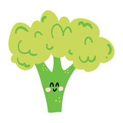 Cute hand drawn broccoli smiling. Kawaii funny vegetable character for kids.
