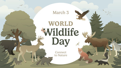 World Wildlife Day concept with wild animals and trees. Modern flat vector illustration. Banner template, frame in earthy tones with text on white. - obrazy, fototapety, plakaty