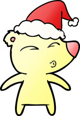 gradient cartoon of a whistling bear wearing santa hat