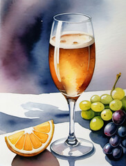 Photo Of Glass Of A Champagne, Beer And Wine, Picture Of A Alcoholic Drink, Watercolor Hand Drawn Illustration.