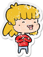 distressed sticker of a cartoon girl sticking out tongue