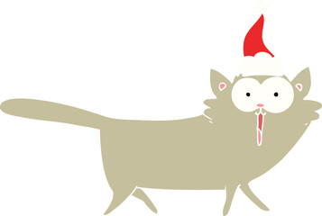 flat color illustration of a cat wearing santa hat