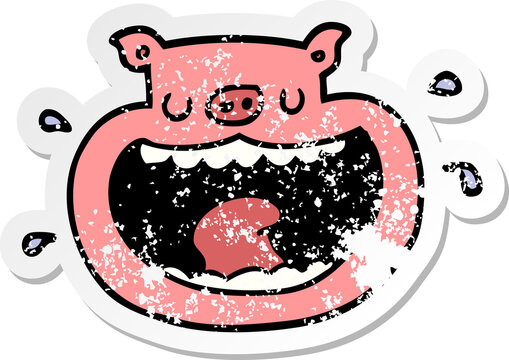 distressed sticker of a cartoon obnoxious pig