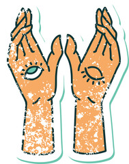 distressed sticker tattoo style icon of mystic hands