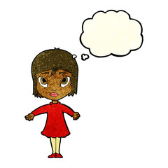 cartoon girl in dress with thought bubble