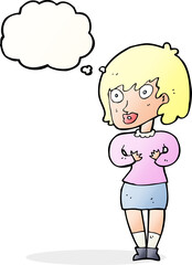cartoon woman making Who Me? gesture with thought bubble