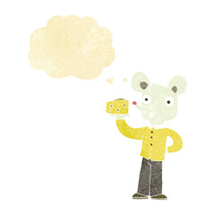 cartoon mouse holding cheese with thought bubble