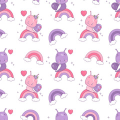 Seamless pattern with snail girl and boy on rainbow